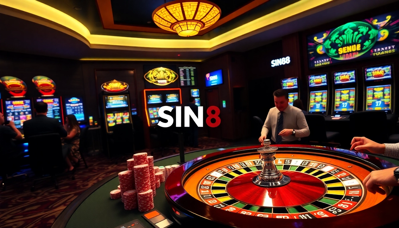 SIN88 players engaging at a luxurious poker table, showcasing vibrant casino elements and sports betting.