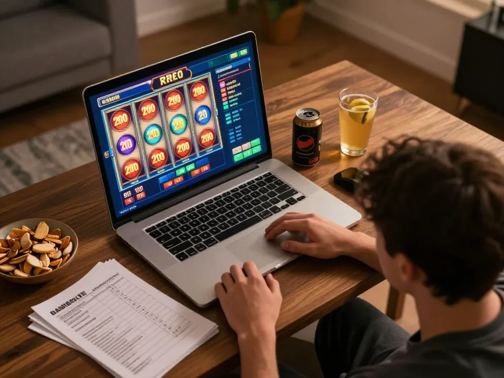 Player engaging with slot bet 200 strategy on laptop in cozy home setting