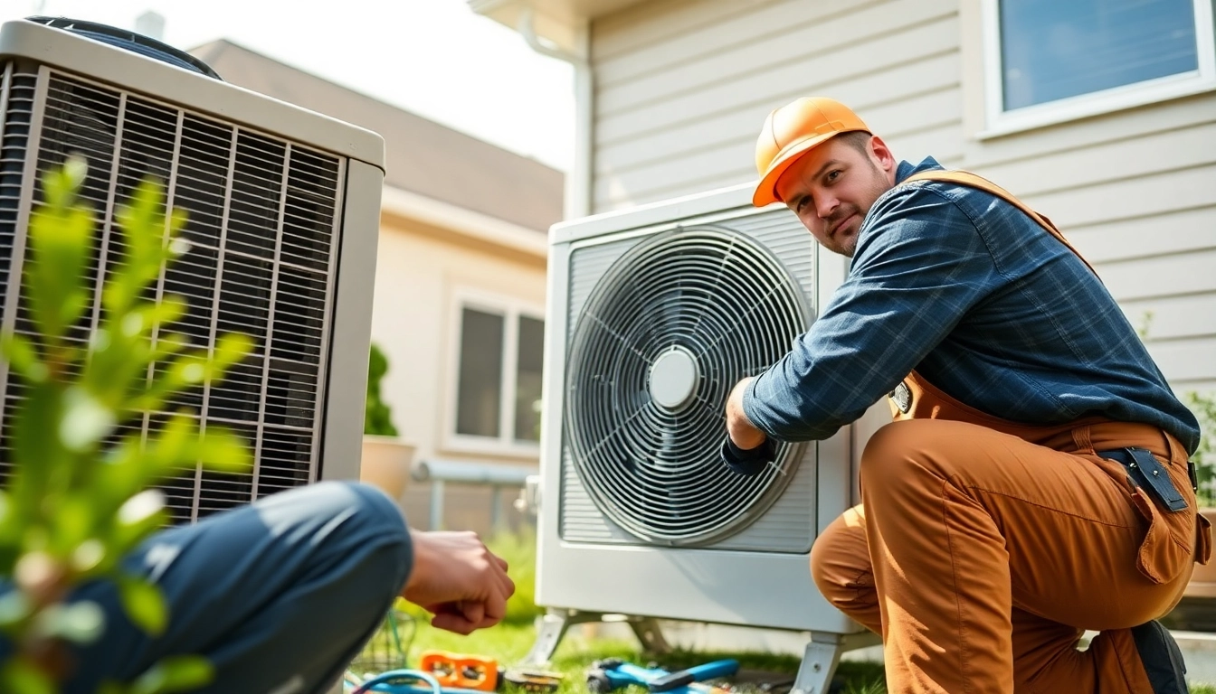 Technician handling emergency hvac repair bc service on AC unit in residential area.