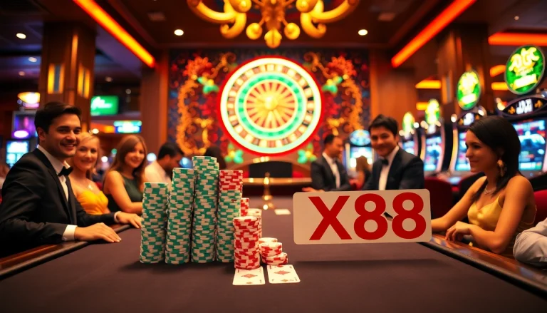 X88 players engaged in an exciting poker game at a luxurious casino.