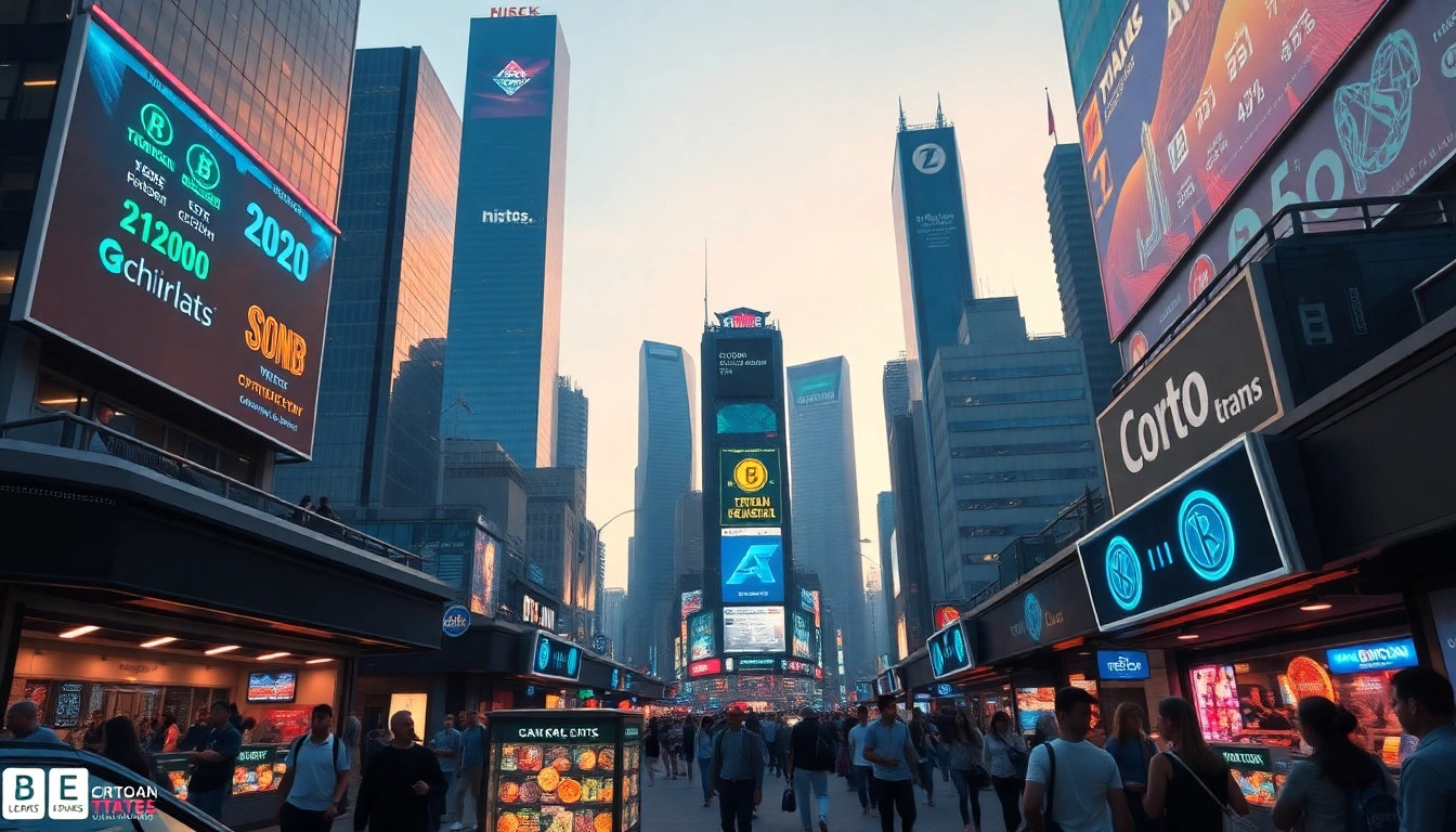 Futuristic cityscape representing Crypto 2026 with digital interfaces and vibrant markets.