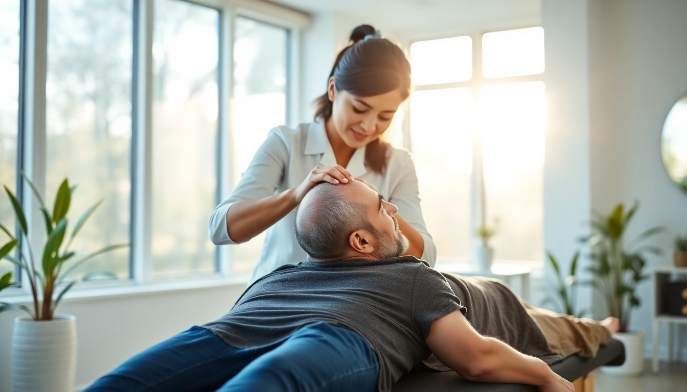 Chiropractor near me performing a neck adjustment for a smiling patient in a well-lit clinic.