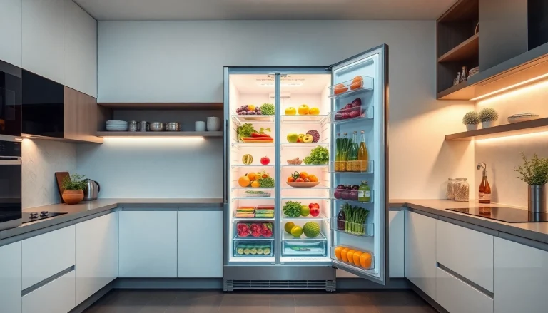 Elevated view of a Refrigerator filled with colorful fresh produce in a contemporary kitchen.