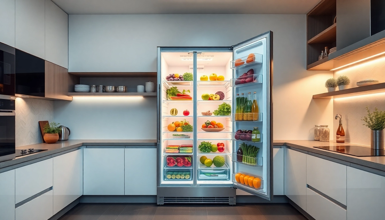 Elevated view of a Refrigerator filled with colorful fresh produce in a contemporary kitchen.