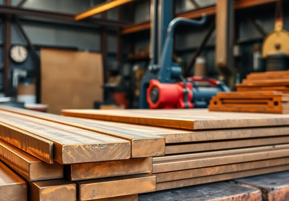 Bara bronz grafitat prezentată într-un mediu de atelier industrial, evidențiind textura sa metalică netedă și grosimile variate.