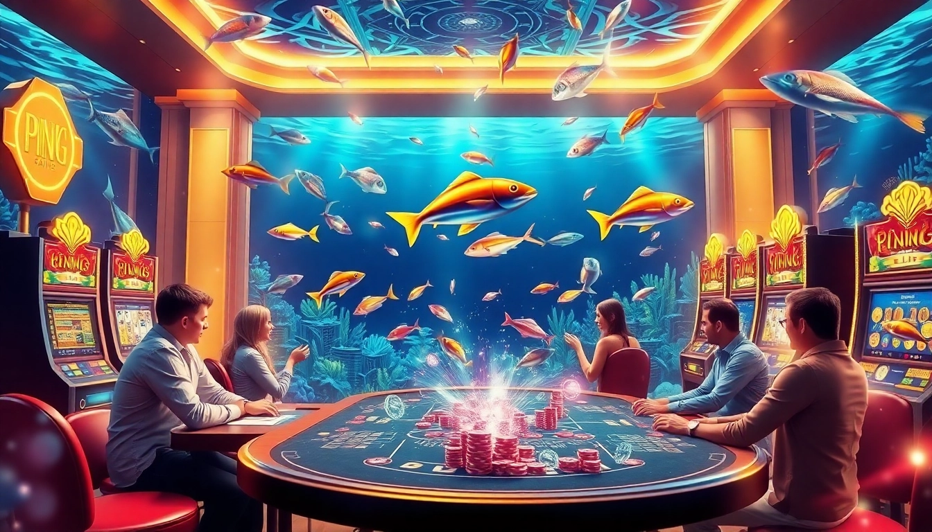 Bắn cá đổi thưởng game scene showcasing vibrant fish and engaged players in a thrilling casino atmosphere.