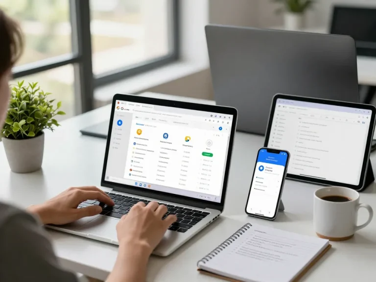 一位用户在现代科技工作环境中使用谷歌浏览器，展示生产力工具和充满活力的环境。