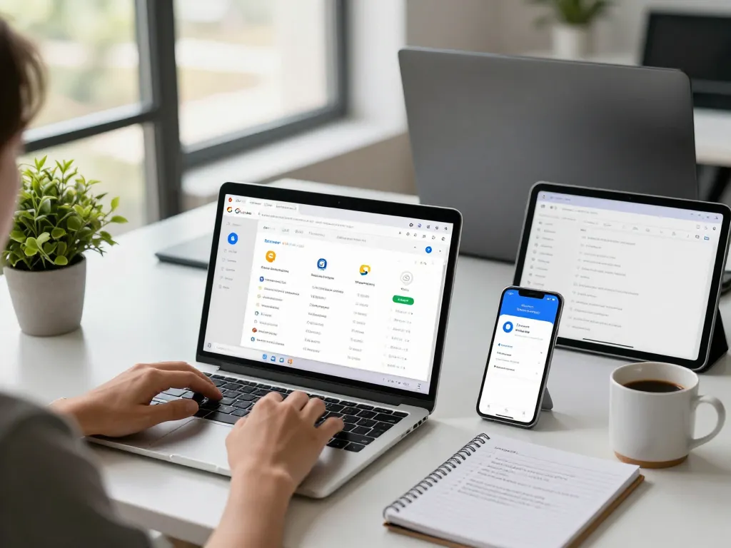 一位用户在现代科技工作环境中使用谷歌浏览器，展示生产力工具和充满活力的环境。