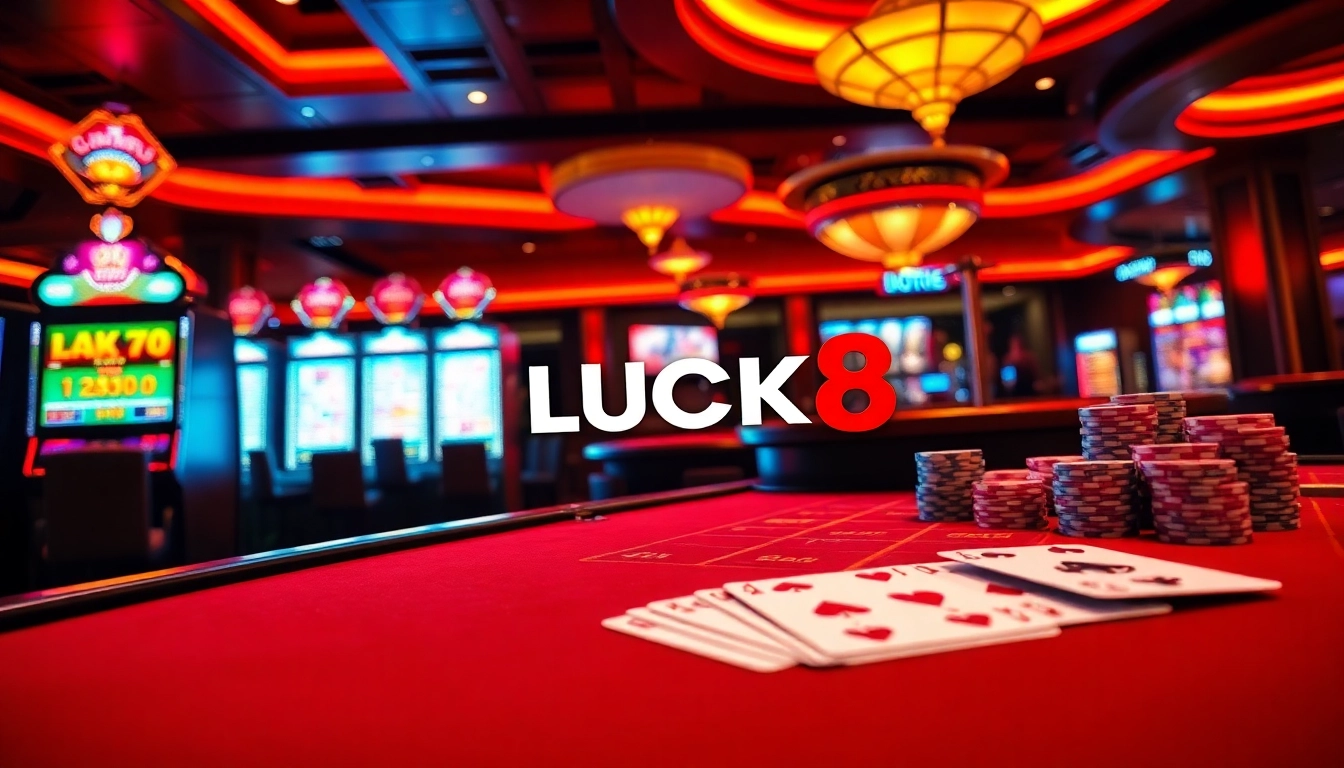 LUCK8 casino table with vibrant slot machines and a thrilling roulette wheel.