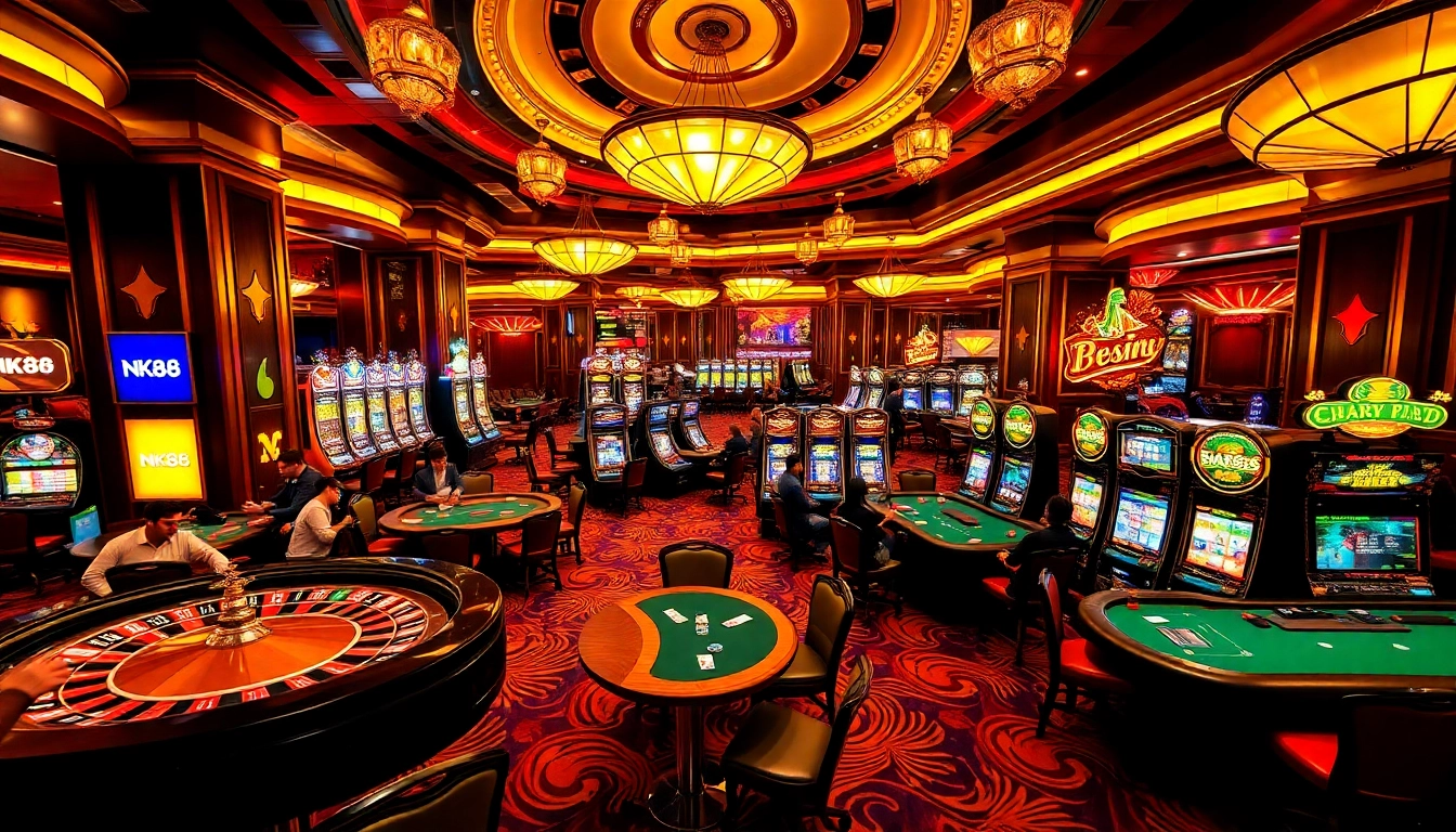 Exciting casino ambiance showcasing NK88 gaming tables, vibrant slot machines, and engaging players.