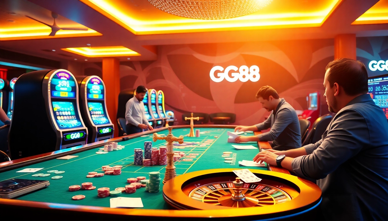 Experienced gamblers enjoying a high-stakes game at GG88 casino table with vibrant poker chips.