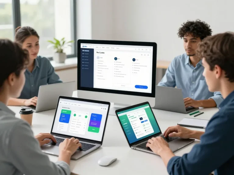 No code app builder in a vibrant workspace with diverse professionals collaborating on app development.