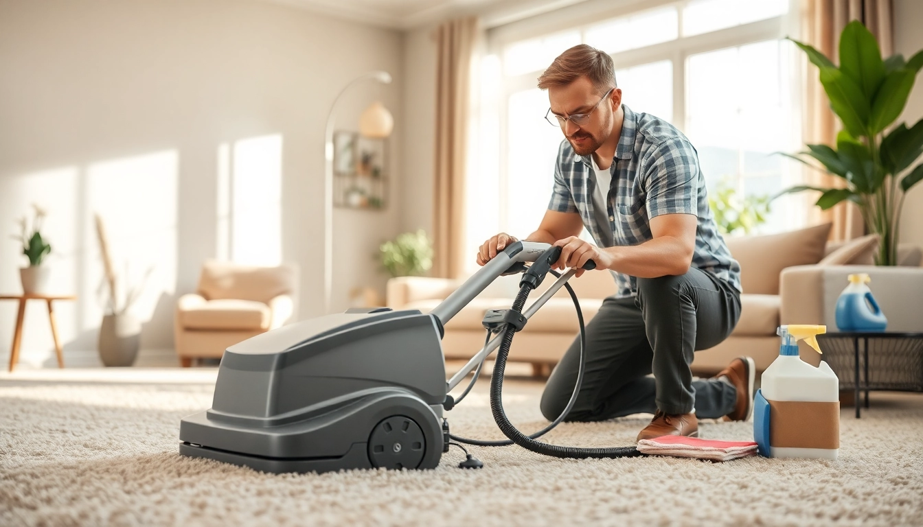 Professional technician performing carpet cleaning roseville ca in a bright living room, showcasing expertise.