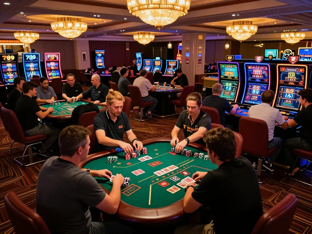 The vibrant atmosphere of 789 club casino gaming, showcasing players in action at card and poker tables.