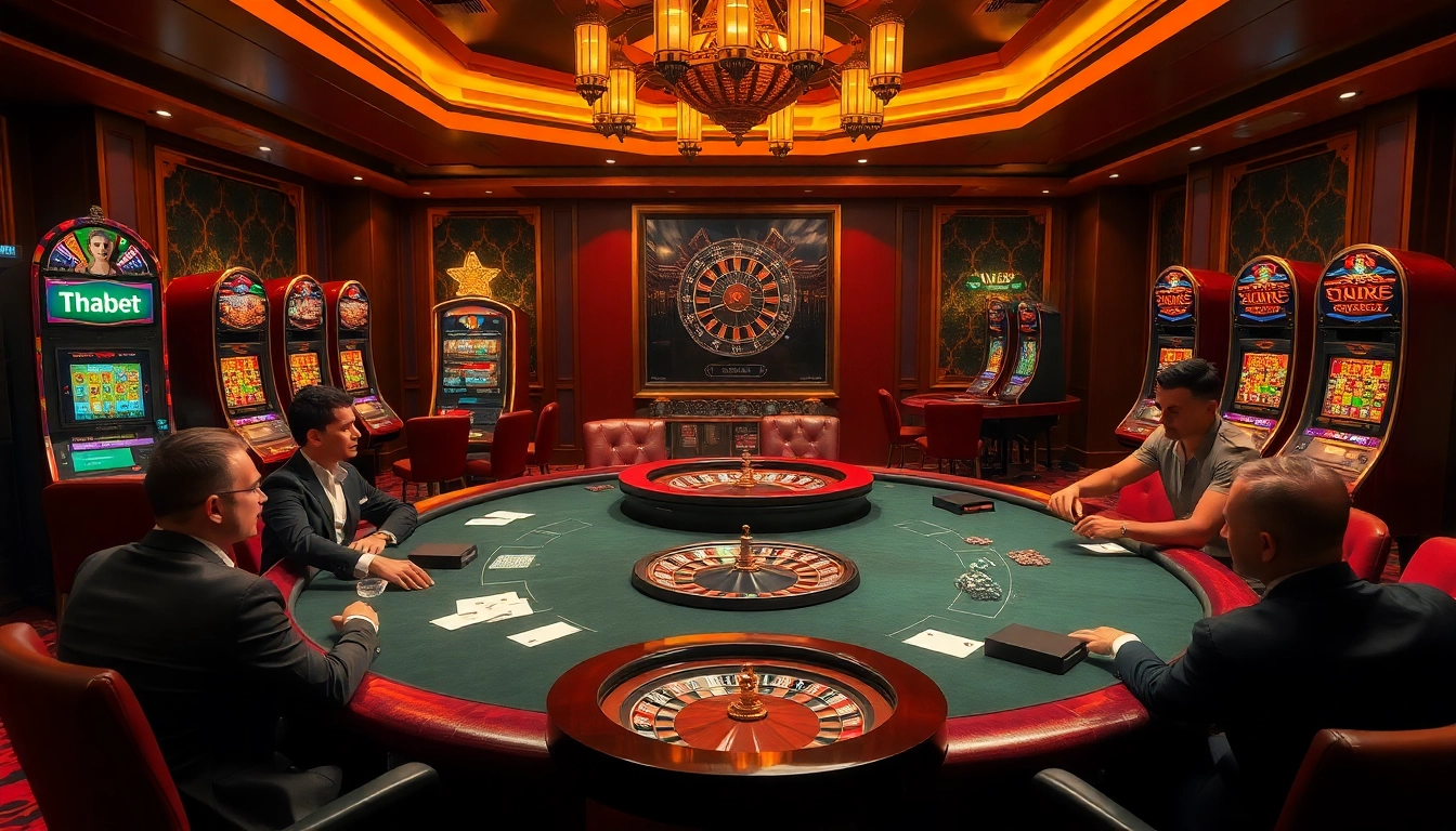 Betting excitement at Thabet's luxurious poker table and vibrant slot machines.