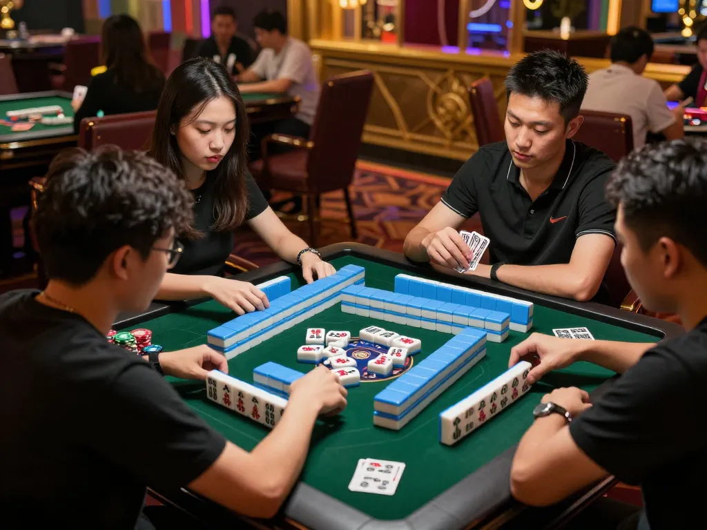 Players strategizing during an intense Mahjong game amidst vibrant casino setting