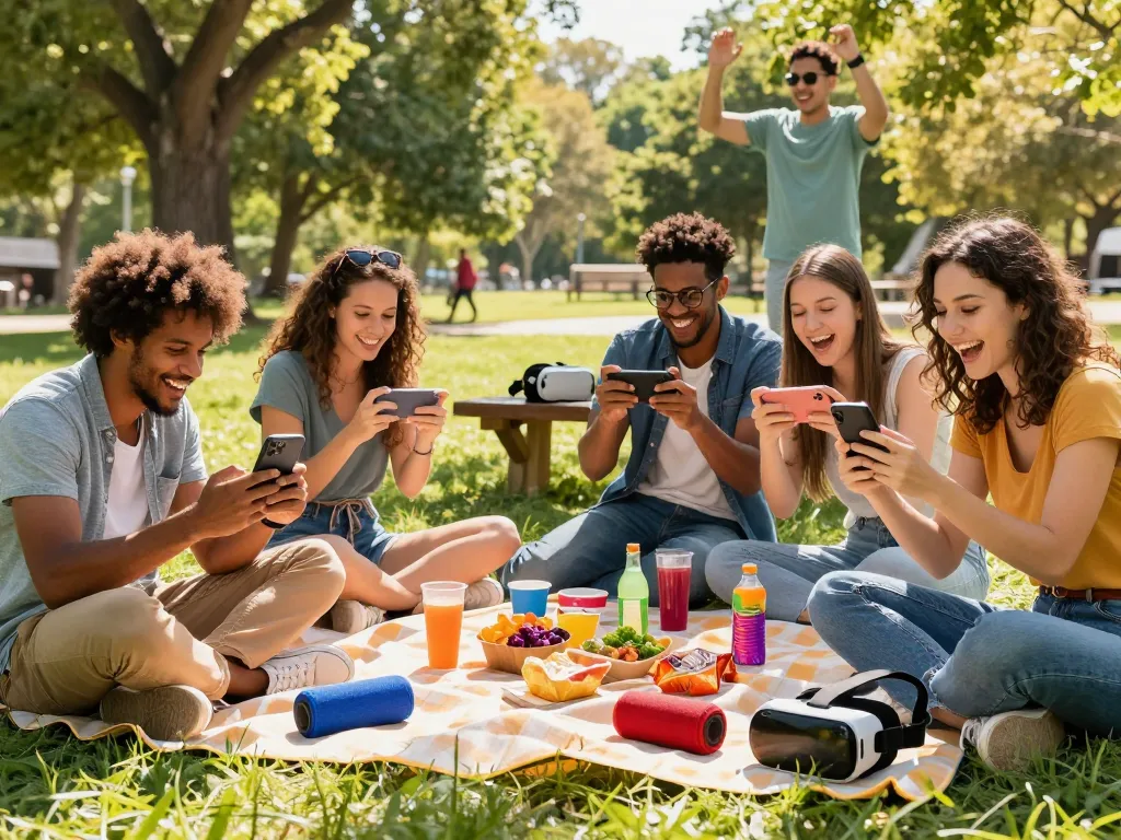 Friends playing go88 on smartphones in a lively outdoor gaming scene.