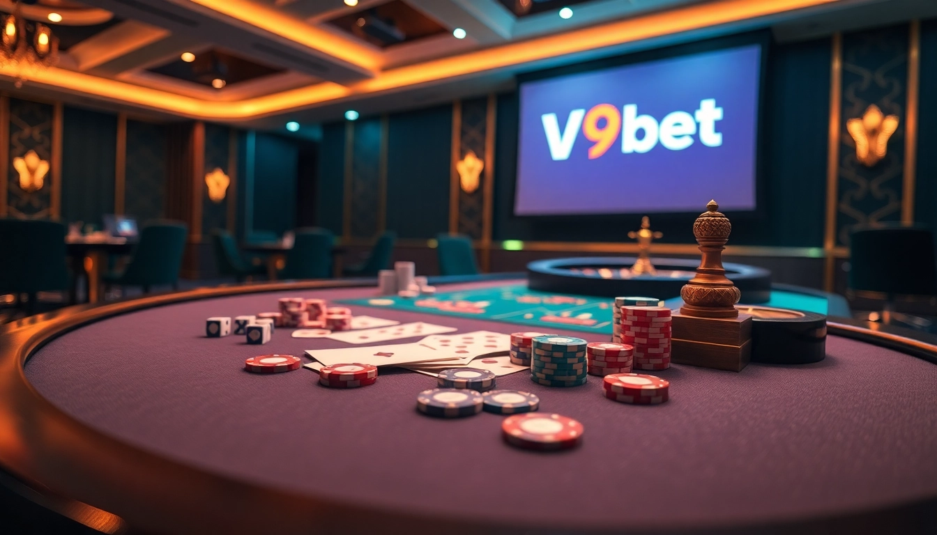 Experience thrilling gameplay at V9bet with vibrant tables, cards, and chips in a luxurious setting.