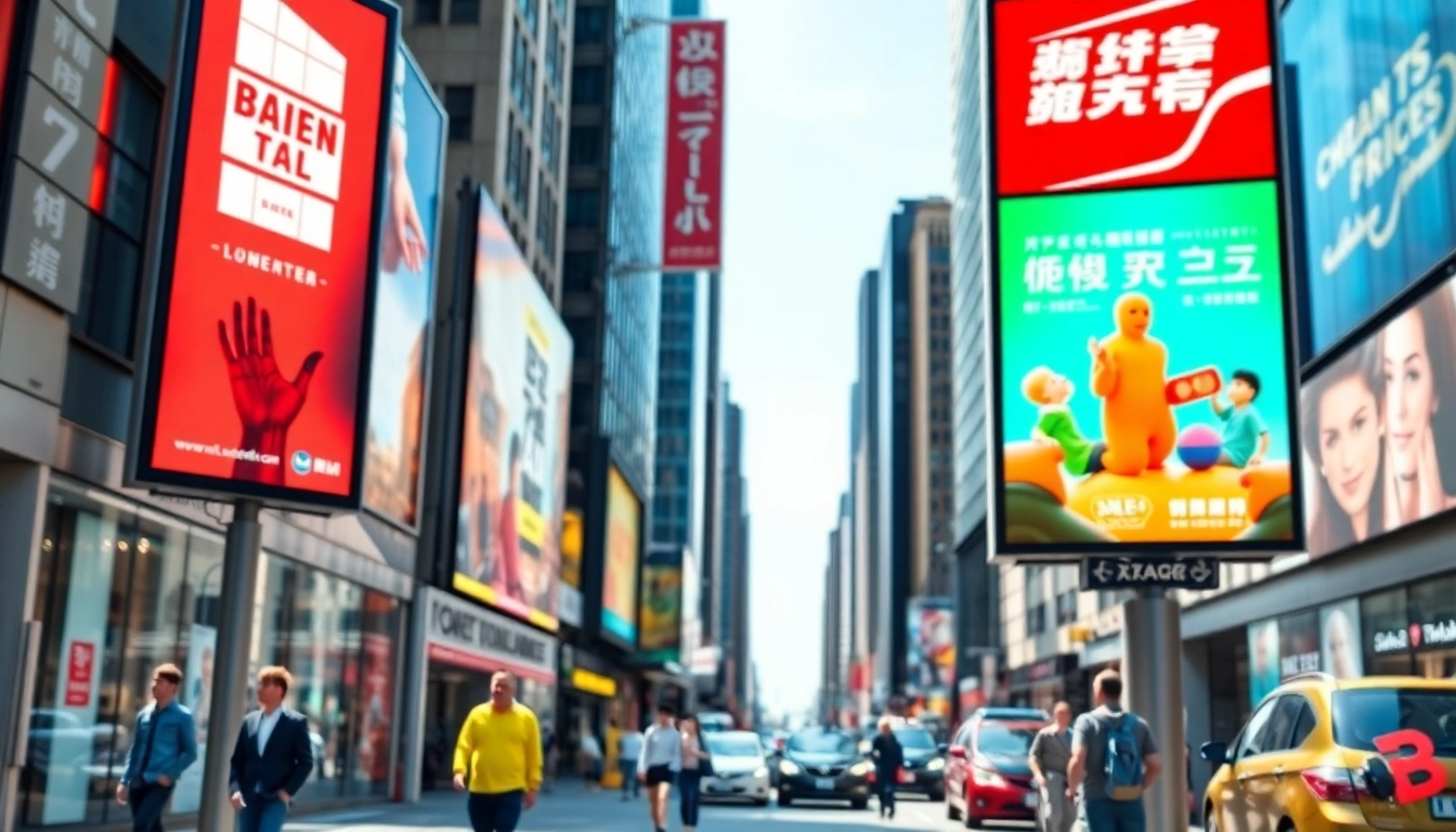 Engaging digital advertising boards showcasing vibrant ads in a busy urban street.