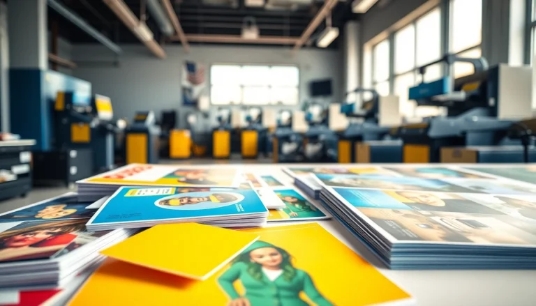 Showcase of Edmonton printing materials in a modern printing shop highlighting vibrant designs and quality craftsmanship.