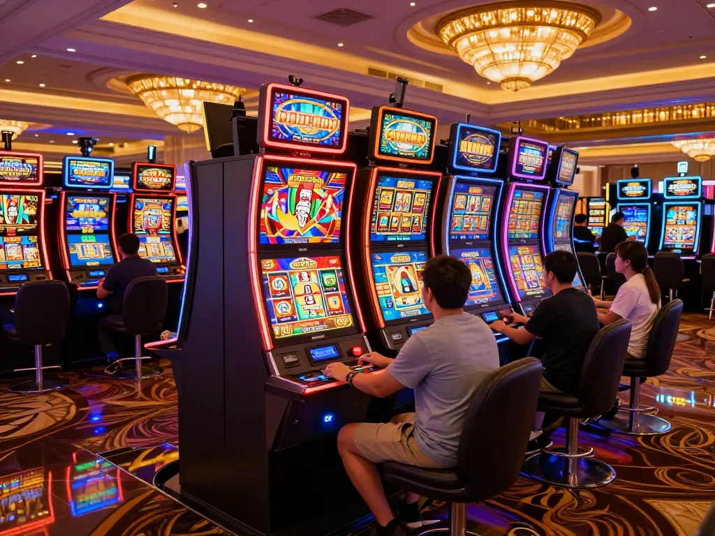 Players enjoying the excitement of slot server Thailand with colorful machines and joyful wins.