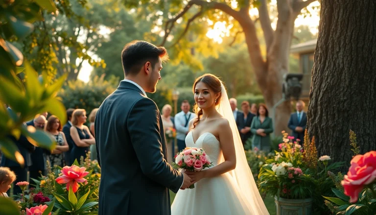 Wedding photographer capturing a romantic outdoor ceremony in a lush garden.