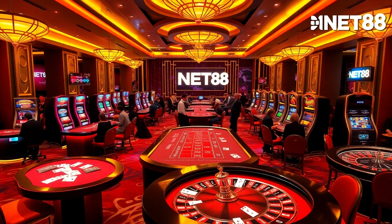 NET88 players engaging in exciting online gambling activities at a vibrant casino table.