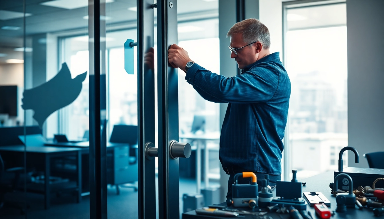 Secure installation of Commercial Security in the Ladue, Missouri with a locksmith at work in a professional office setting.