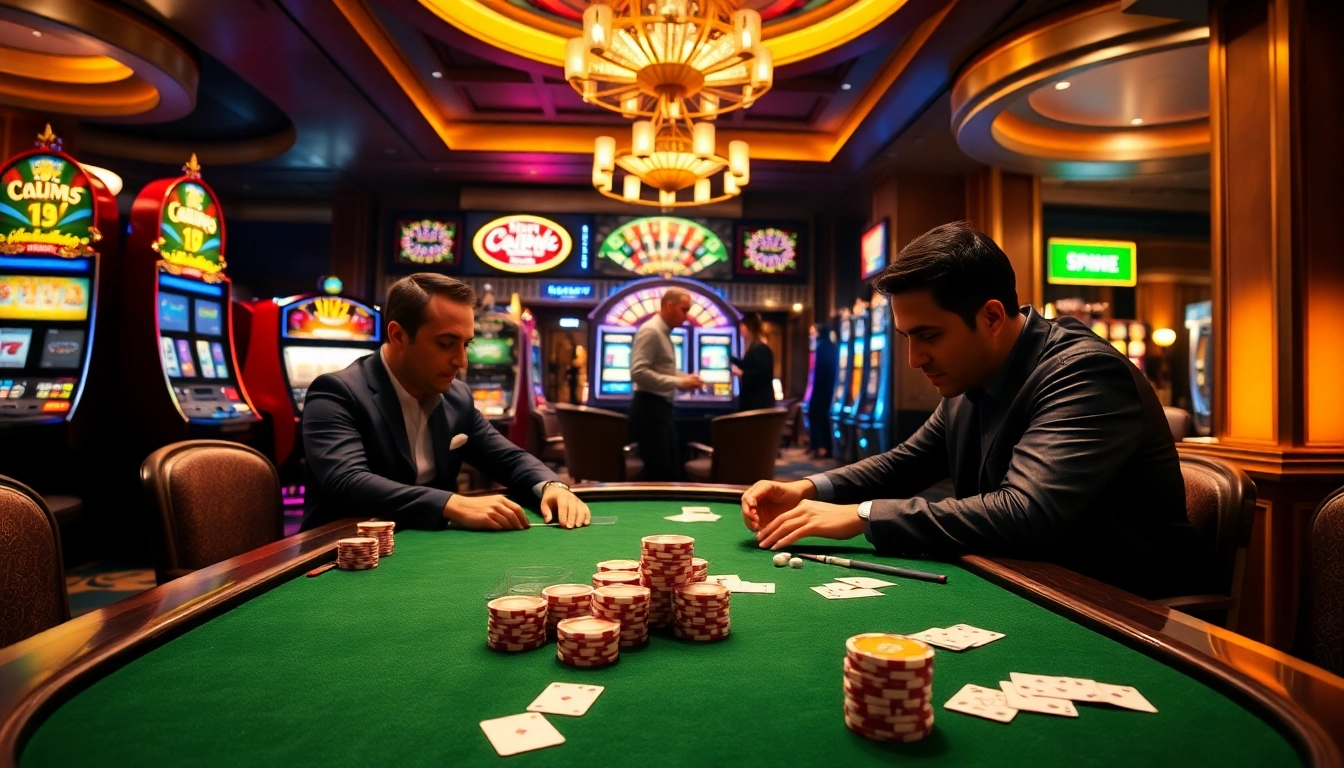 Joueurs engagés à une table de poker à enjeux élevés dans un cadre de casino en ligne haut de gamme.