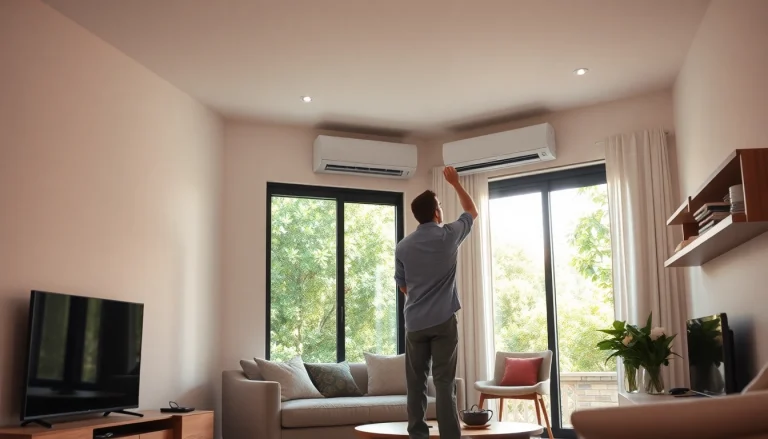 Technician expertly handles ductless mini-split installation in a modern living room.