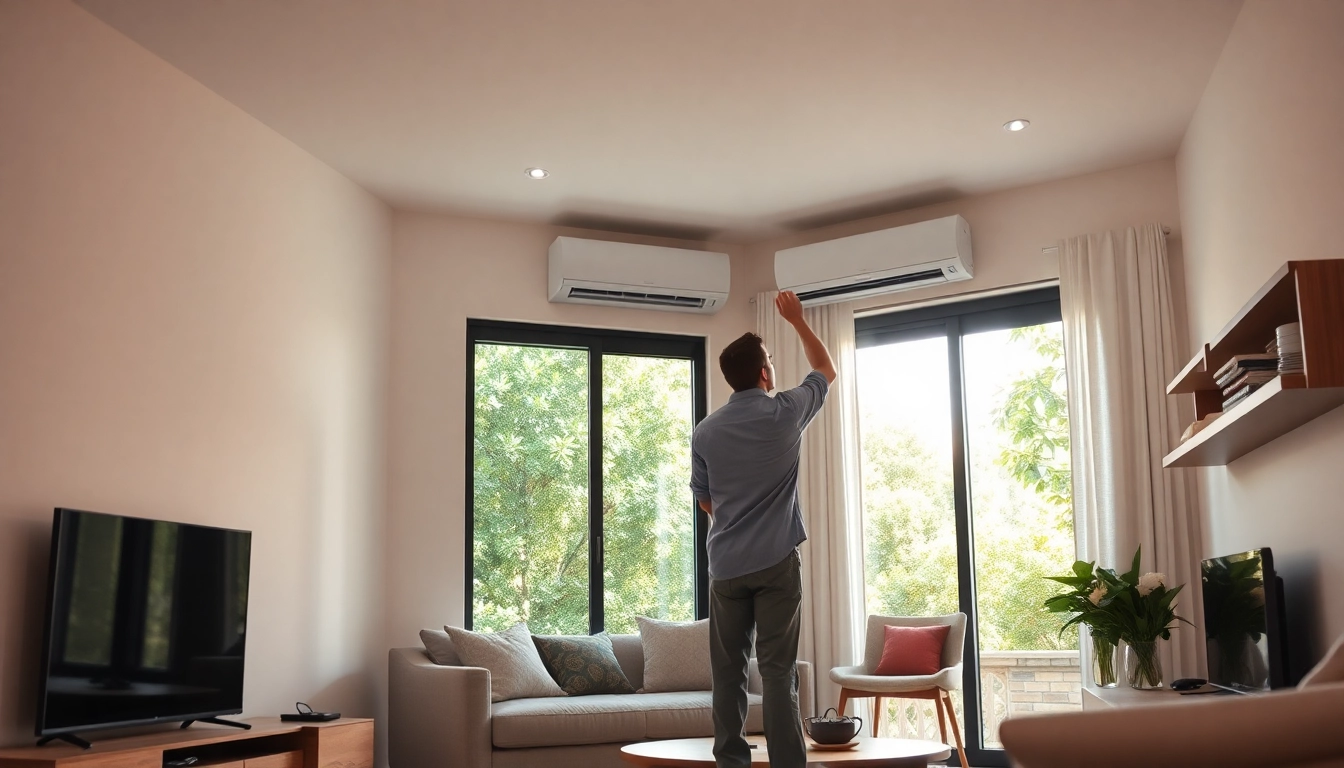 Technician expertly handles ductless mini-split installation in a modern living room.
