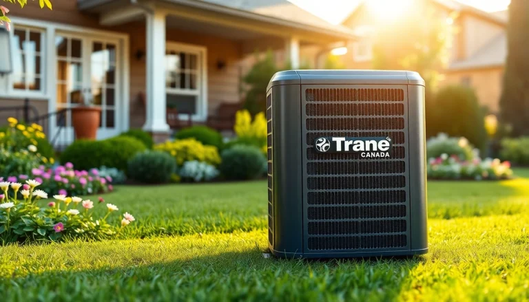 Trane Canada air conditioning unit displayed prominently in a lush garden.