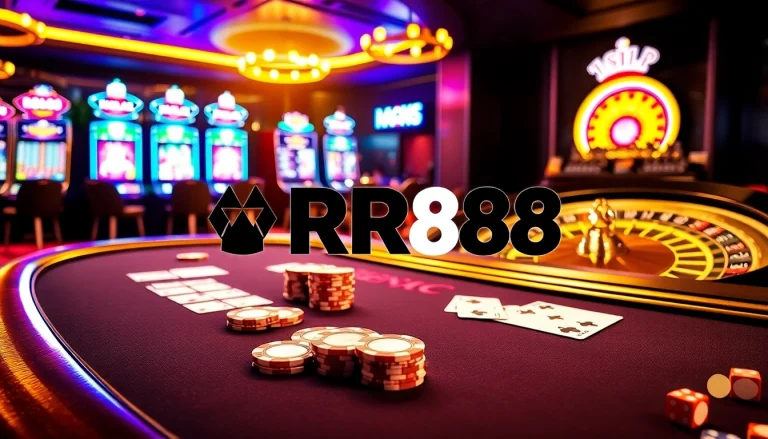 RR88 roulette and blackjack table in a luxurious casino environment, showcasing excitement and professionalism.
