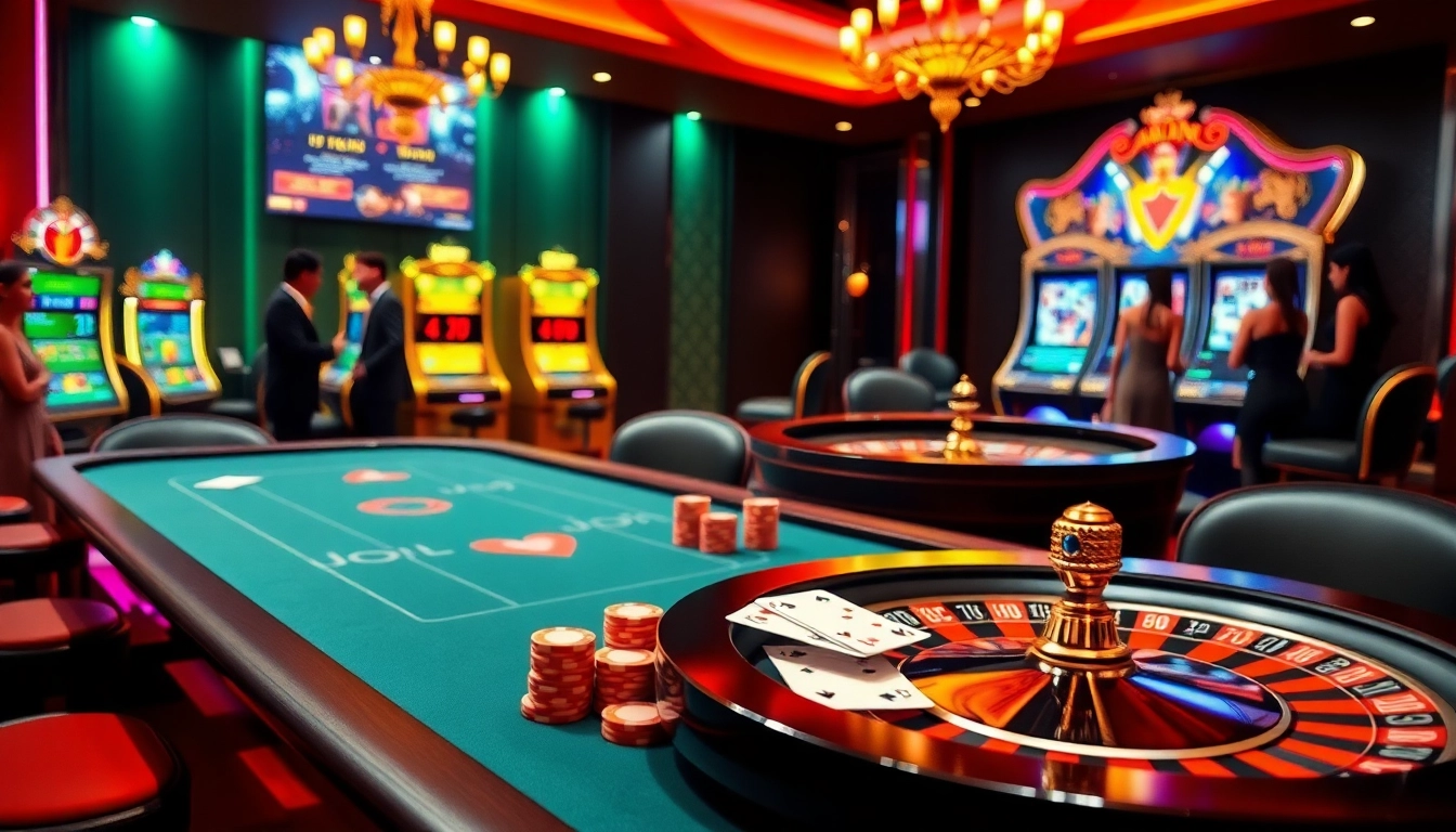Experience the excitement of Jun88 with elegant gambling tables and vibrant slot machines.