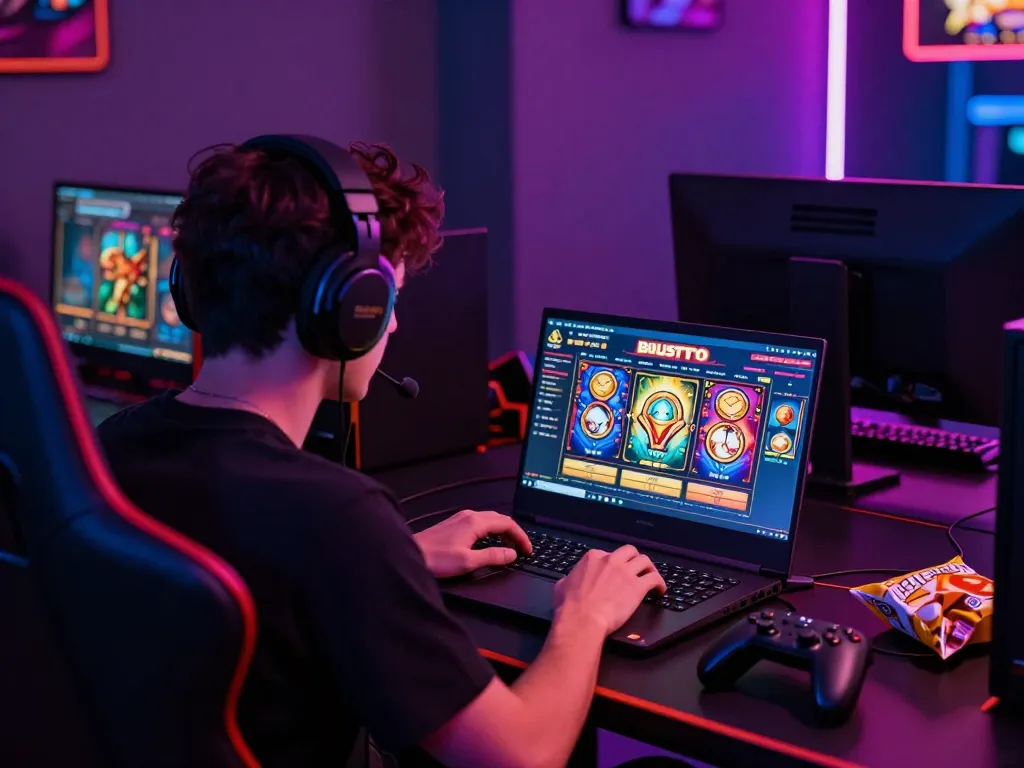 Engaged player enjoying BIUSTOTO online slot game on a laptop in a vibrant gaming room.