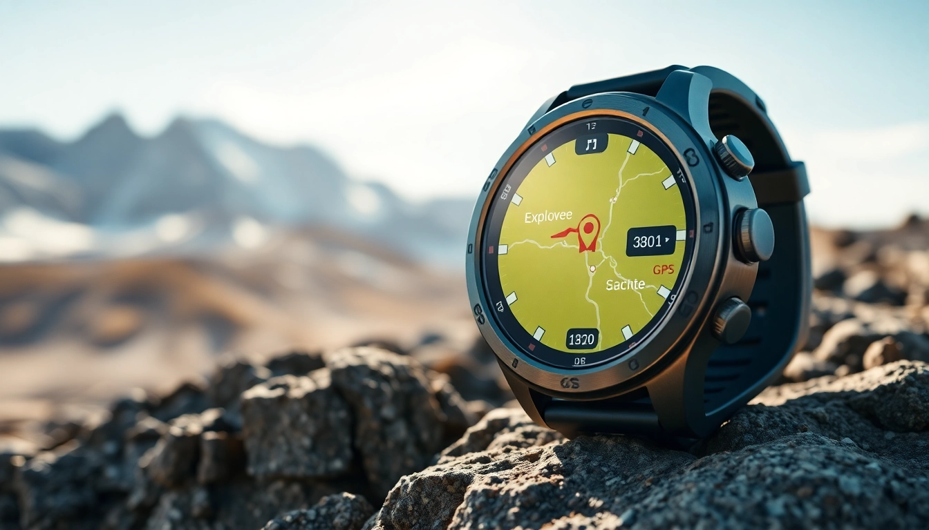 Showcase of the Explorer GPS Smart Watch in a rugged landscape highlighting its outdoor functionality.