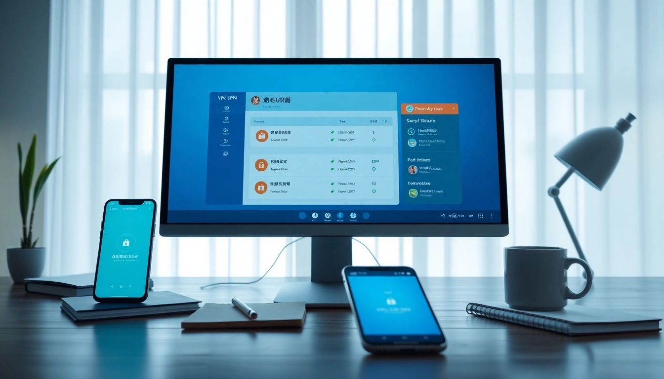在具有科技元素的现代数字工作空间中展示的快连 VPN 界面。