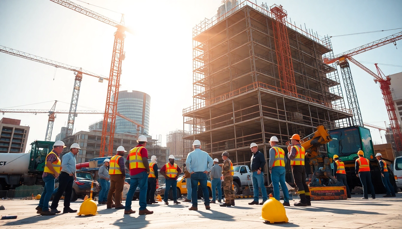 Explore tennessee construction news with an active construction site scene featuring diverse workers and machinery.