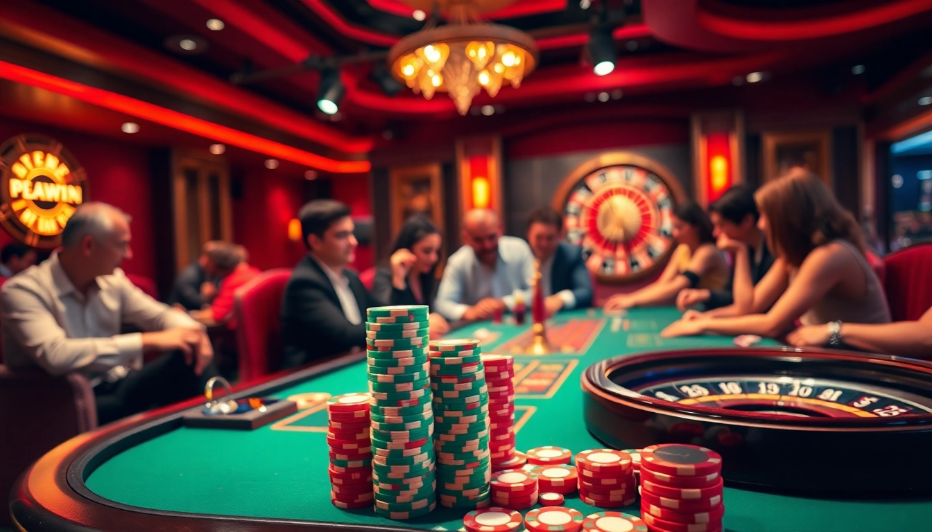 Exciting poker game at 98win casino with colorful chips and a roulette wheel.