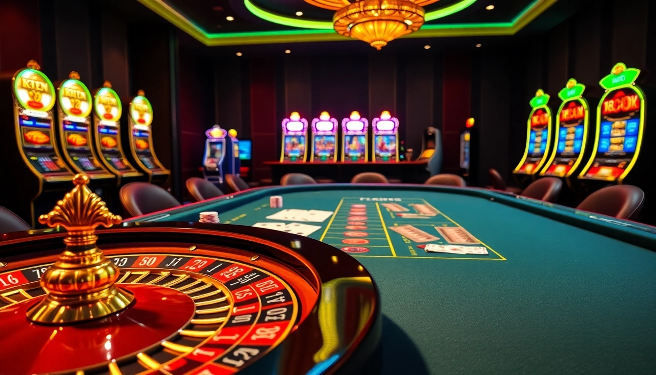Experience the excitement of FIVE88 with a casino scene featuring poker chips, roulette, and vibrant ambiance.