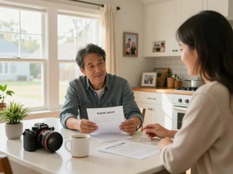 Homeowner selling house fast for cash with buyer in bright kitchen