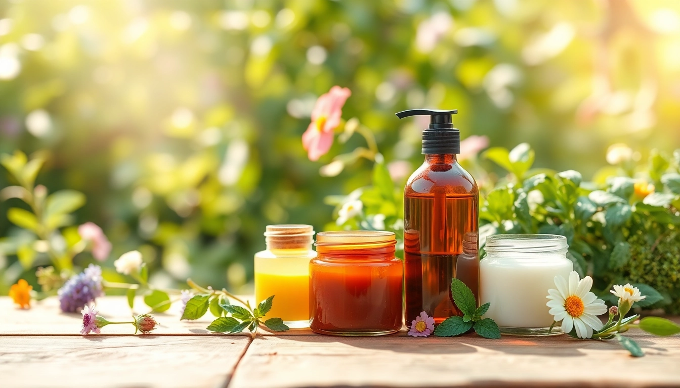 Prikaz prirodna kozmetika u prirodnom okruženju sa biljkama.