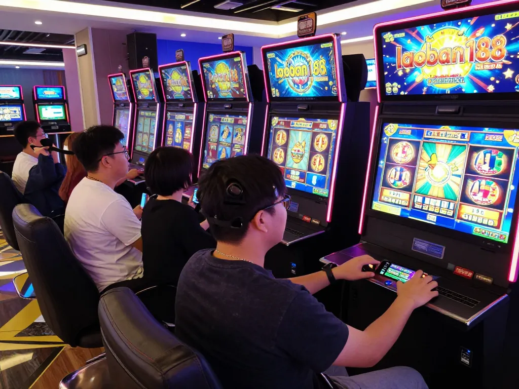 Pemain menikmati permainan slot online di laoban188 di lounge permainan yang penuh warna.