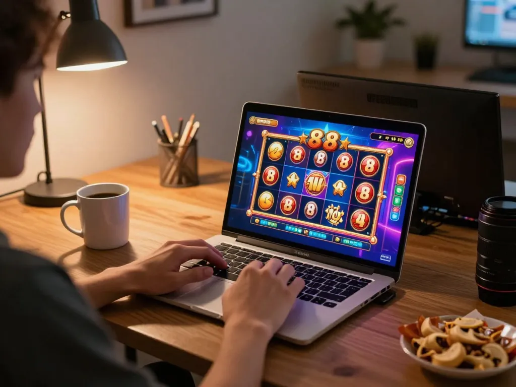 Player enjoying w 88 online gaming session with laptop, showcasing vibrant slot graphics and cozy atmosphere.