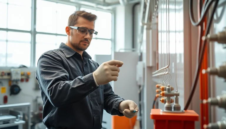 Electrician conducting electrical maintenance with safety equipment and tools in a well-lit facility.