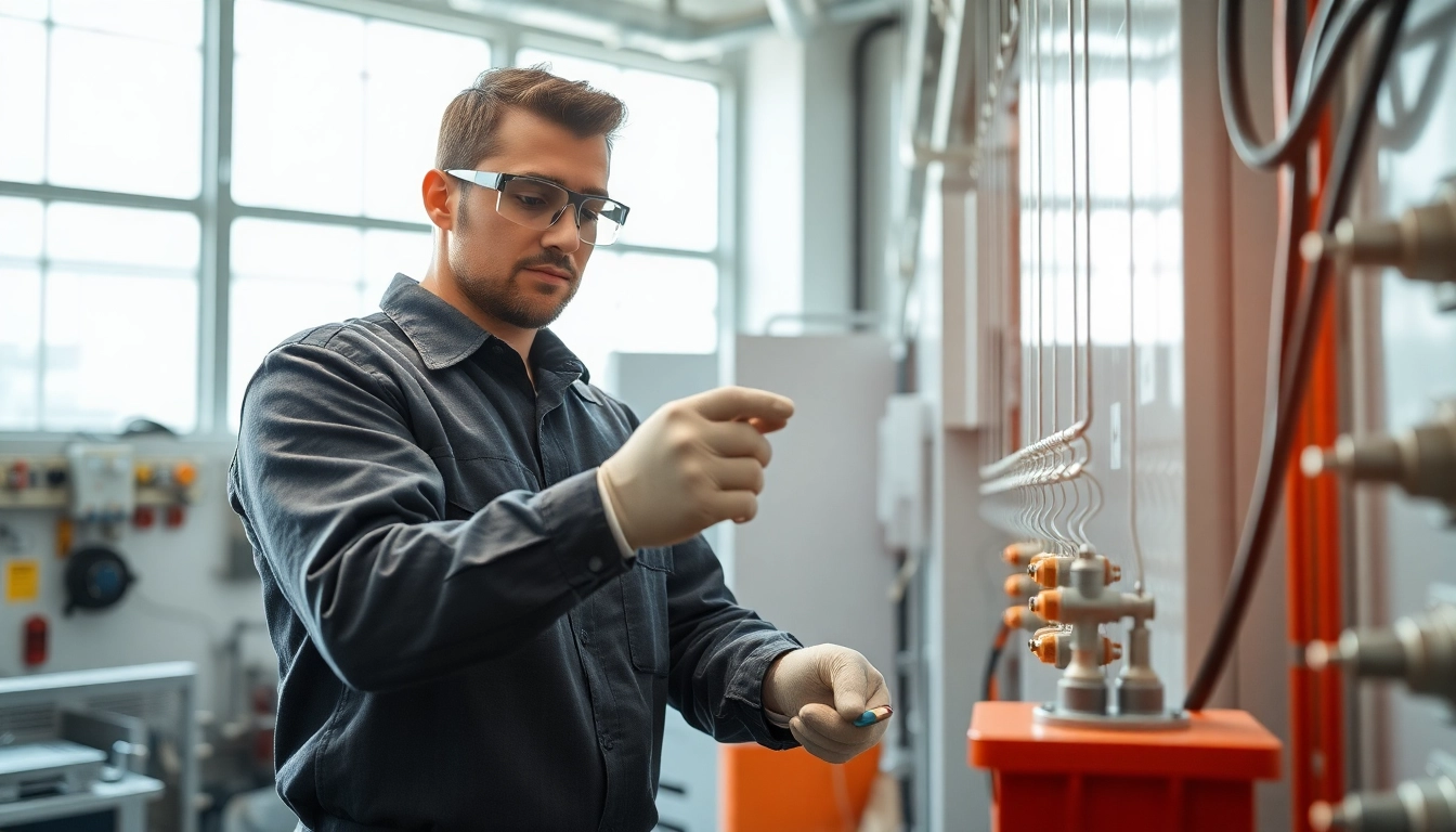 Electrician conducting electrical maintenance with safety equipment and tools in a well-lit facility.