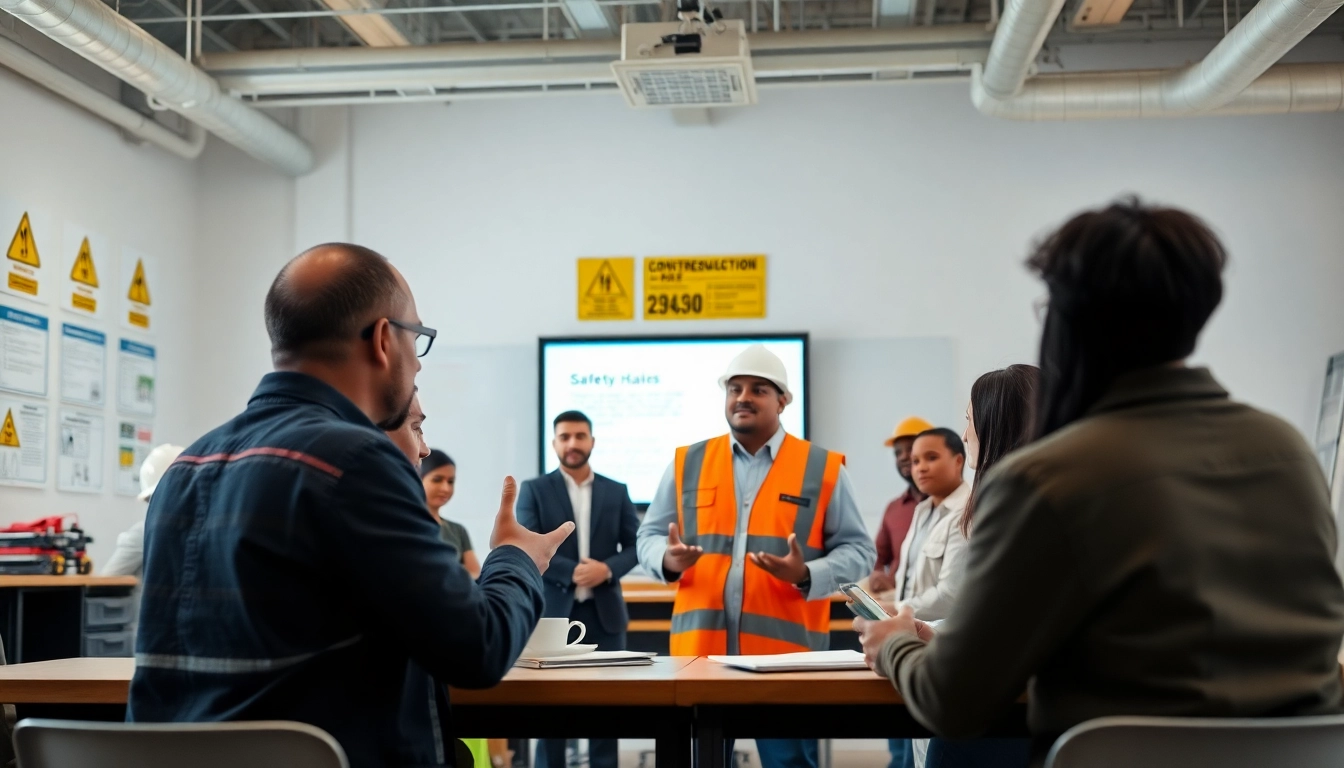 Engaging construction safety training with diverse participants and an instructor highlighting best practices.