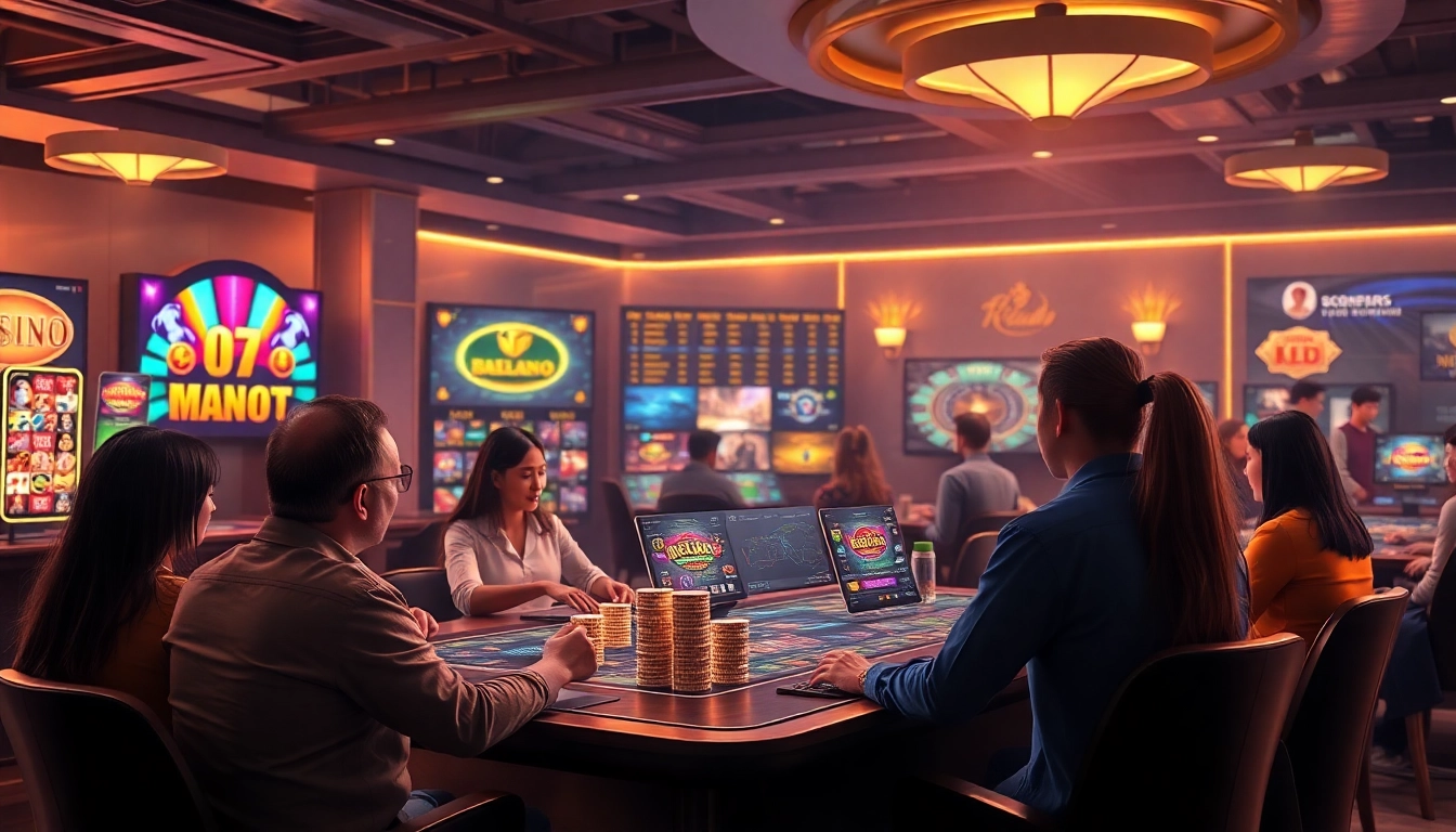 Cổng game cá cược Winvn featuring a vibrant online gaming environment with diverse players enjoying various casino games safely.