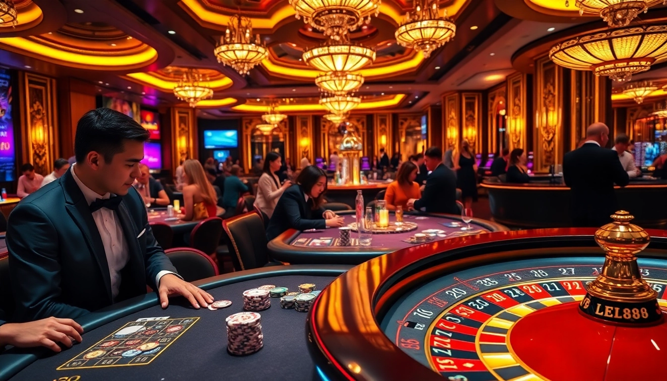 Experience LEO88's thrilling poker action amid a vibrant casino atmosphere.
