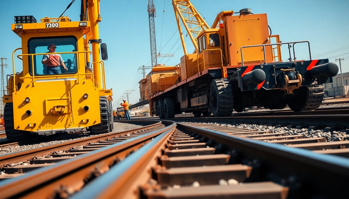 Workers engaged in railroad construction with heavy machinery on site, showcasing active progress.